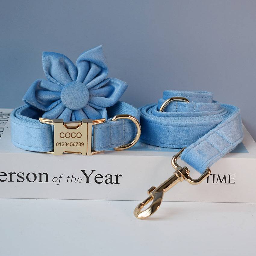 Blue velvet dog collar with matching leash and bow tie, elegant and comfortable.