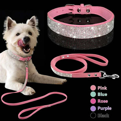 Collier et Laisse Réglables en Suède pour Chiot ou Chat avec Strass Doux