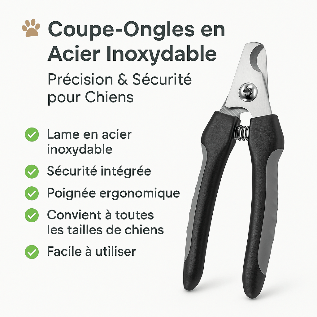 Coupe-ongles en acier inoxydable pour chiens avec lame précise, sécurité intégrée et poignée ergonomique.