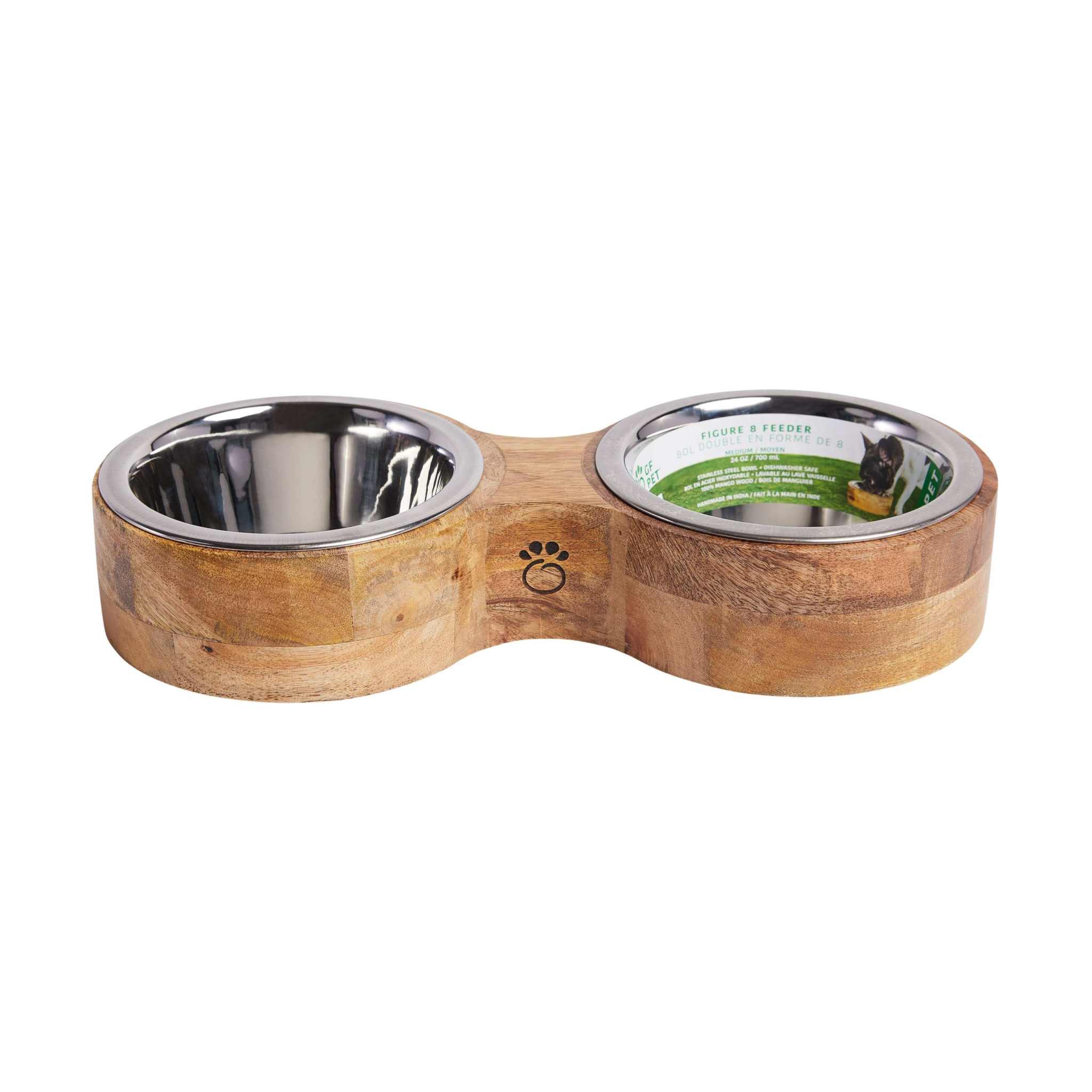 gamelle double pour animaux en bois de manguier avec bols en acier inoxydable design figure-8 artisanal écologique