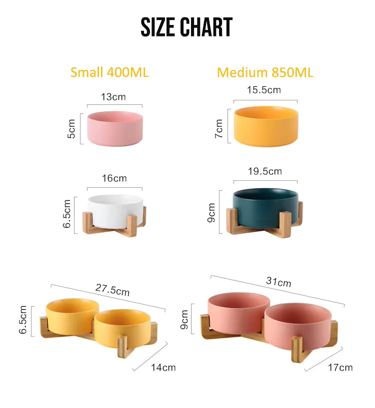 Comederos de cerámica premium para perros y gatos - Soporte de madera antideslizante
