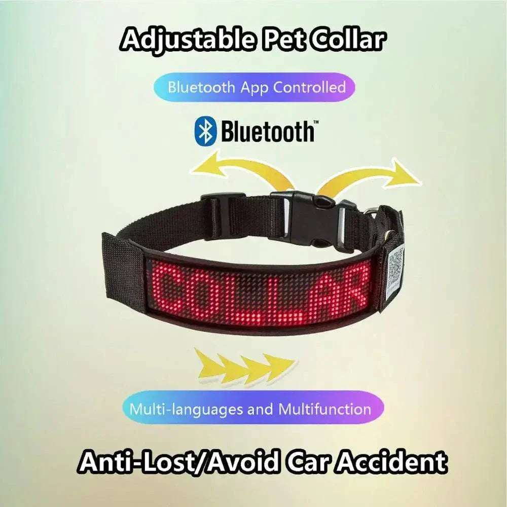 Adjustable LED pet collar with Bluetooth app control, programmable scrolling text, multi-language display, and safety features to prevent loss and car accidents.
