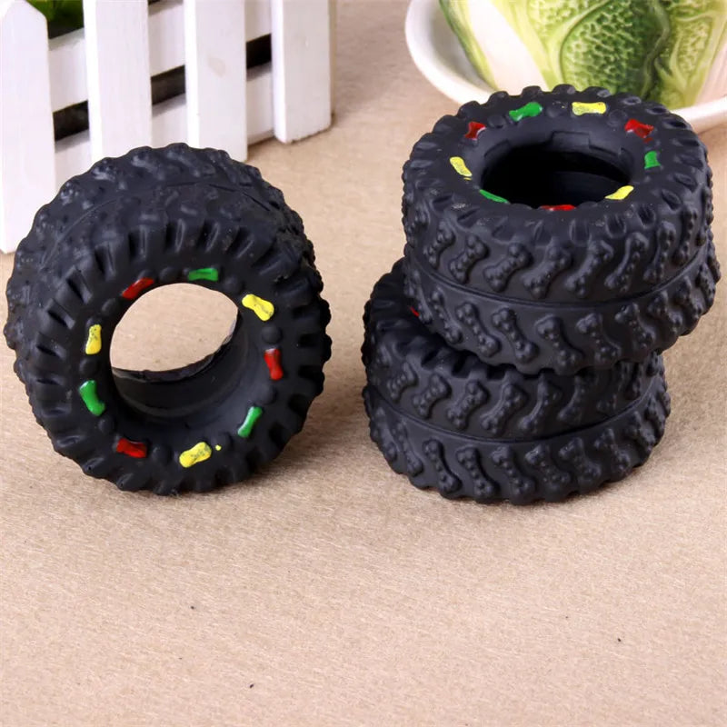 Durable Dog Chew Toy - Rubber Tires with Squeaker 