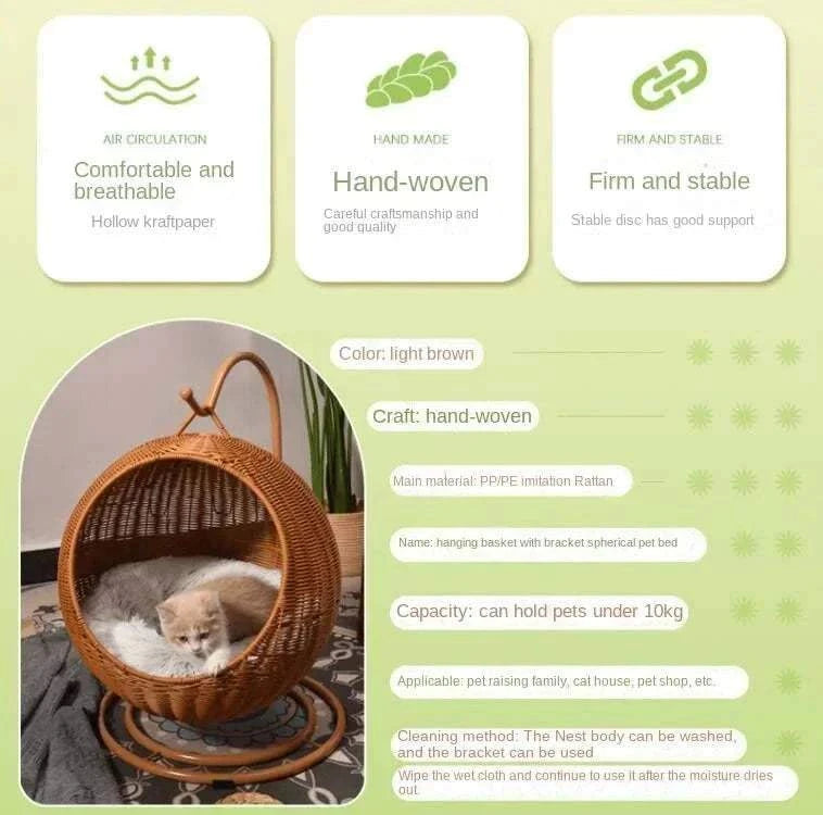 Hamac suspendu - Balançoire en osier fait main pour chats ou petit chien, avec coussin