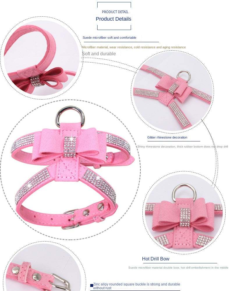 Arnés elegante de microfibra de ante con lazo y pedrería para perros elegantes