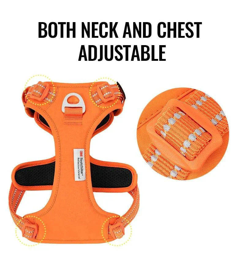 harnais chien anti-traction en nylon réfléchissant orange, réglable au cou et à la poitrine avec poigné de contrôle