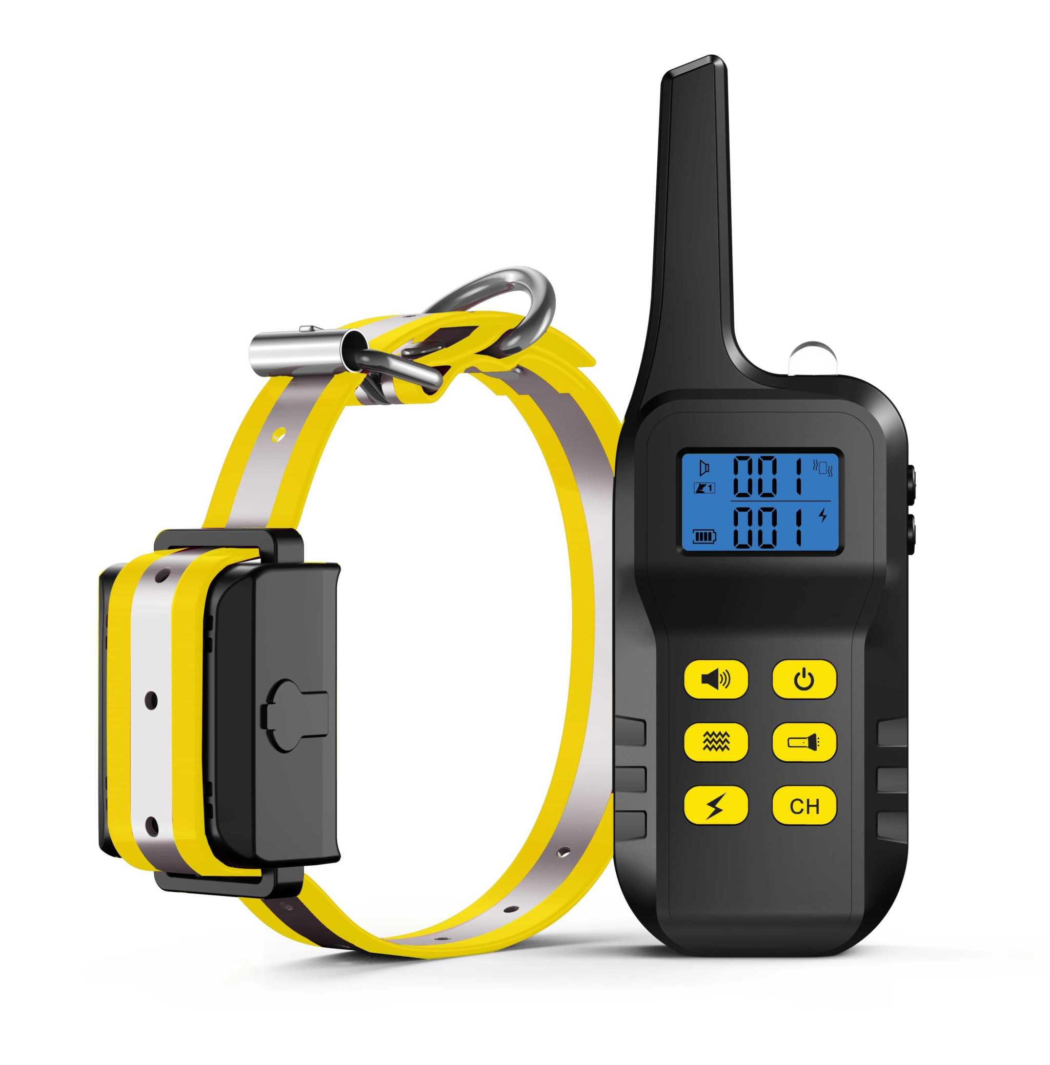 Collier de dressage électrique T720 jaune avec télécommande étanche et portée 1000m pour chiens moyens et grands.