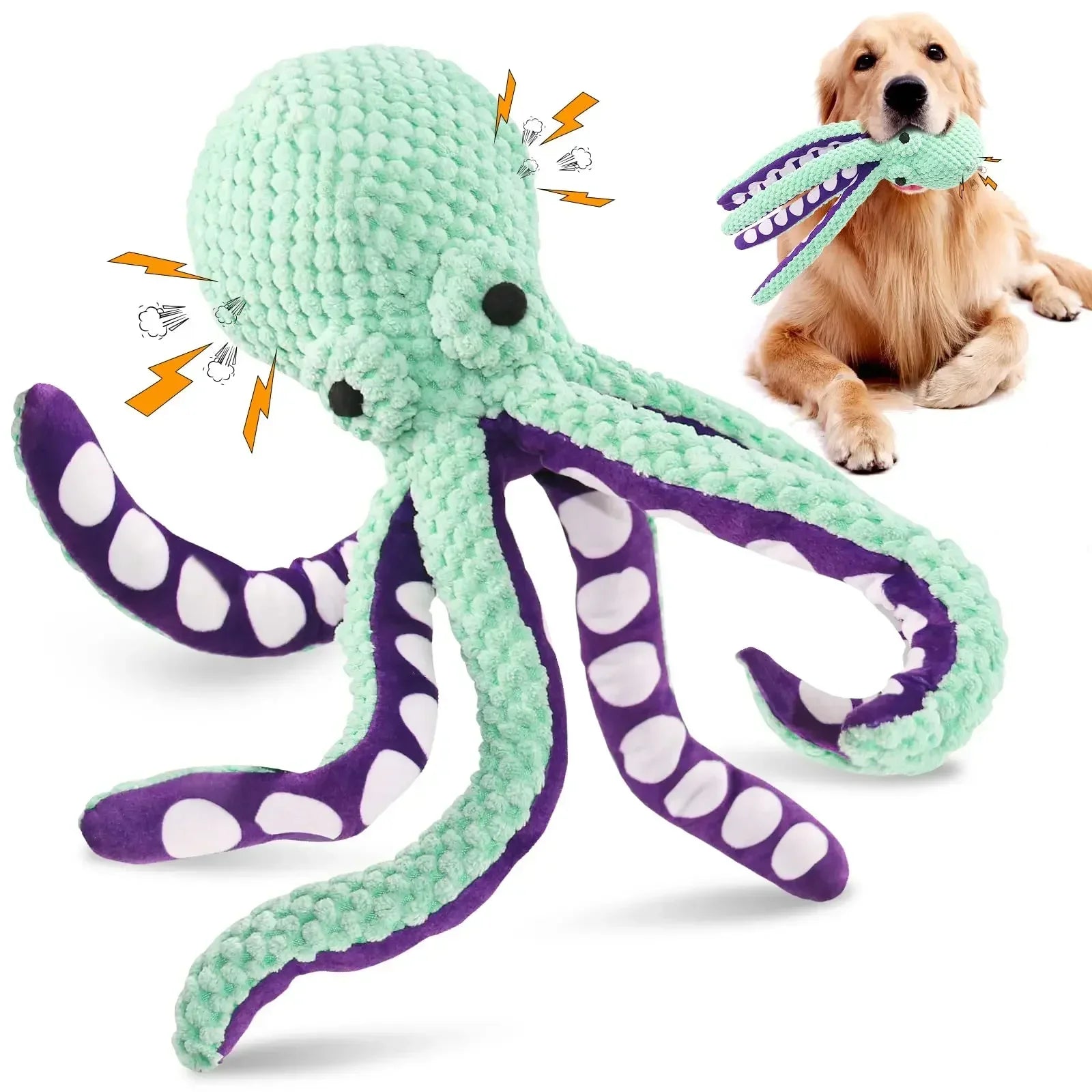 Interactive plush squeaky dog toy in octopus shape, durable for chewing and cleaning teeth.