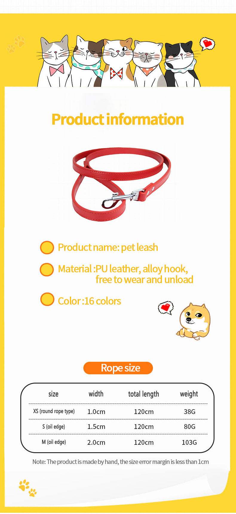 Pet Leash Dog PU Leather Chain Anti-Loss New Out Cat Leash 