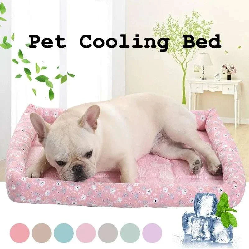 Cooling mat for small dog, matelas rafraîchissant in pink with ice symbols, summer pet bed.