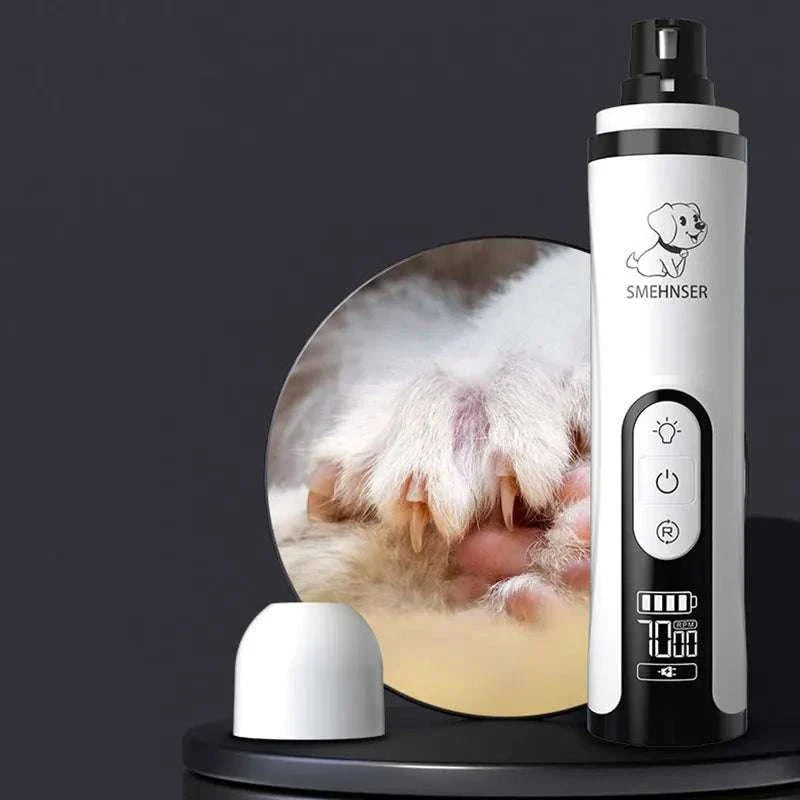 Polisseuse électrique pour griffes animaux blanc avec écran numérique et tête de meulage, pour toilettage sécurisé et silencieux de chiens et chats