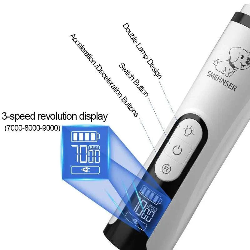 Polisseuse électrique pour griffes animaux blanc avec écran numérique et tête de meulage, pour toilettage sécurisé et silencieux de chiens et chats