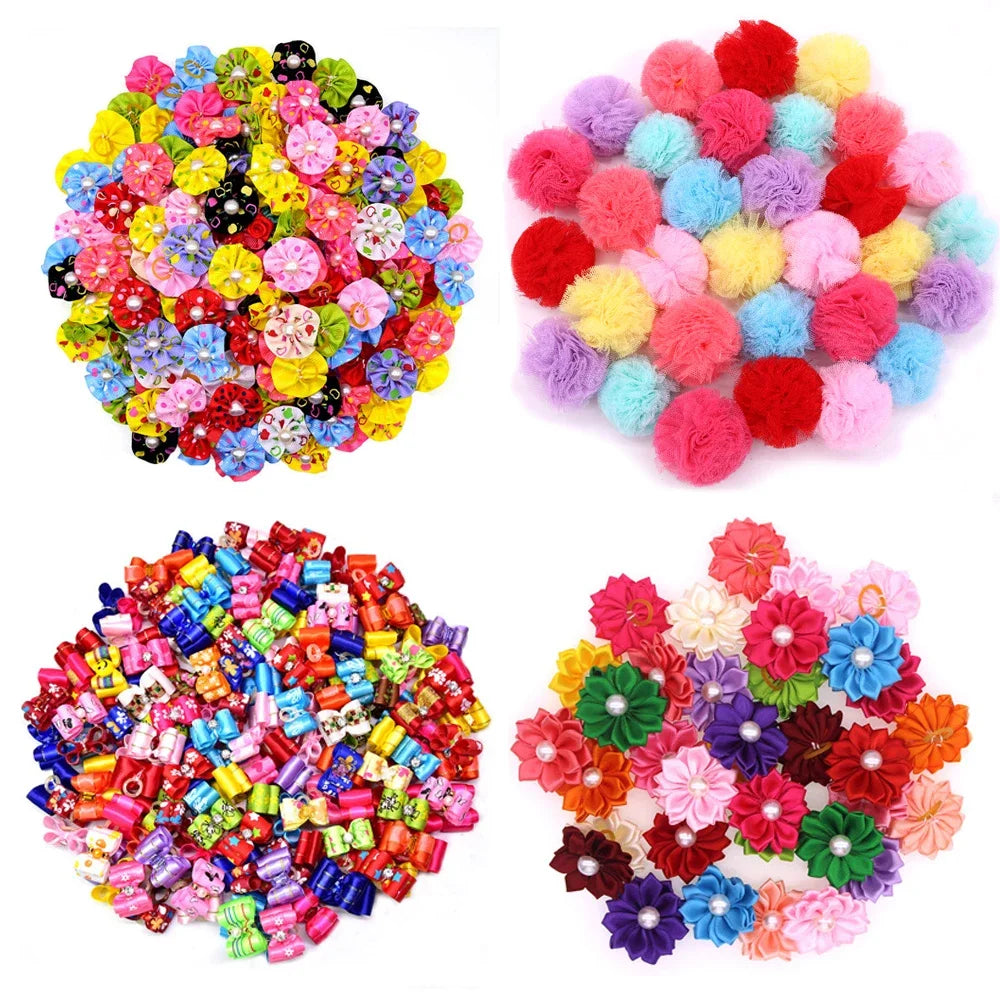 Mixed color dog hair bows with rhinestones, flowers, and pearls, handmade grooming accessories from MRUQ PET.