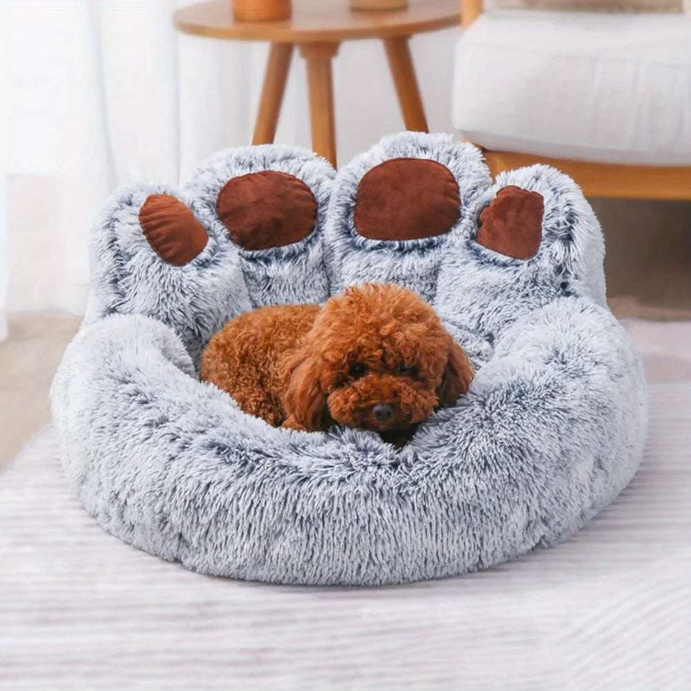 Lit douillet en forme de patte d’ours gris avec peluche pour chien ou chat, cocon moelleux apaisant et confortable