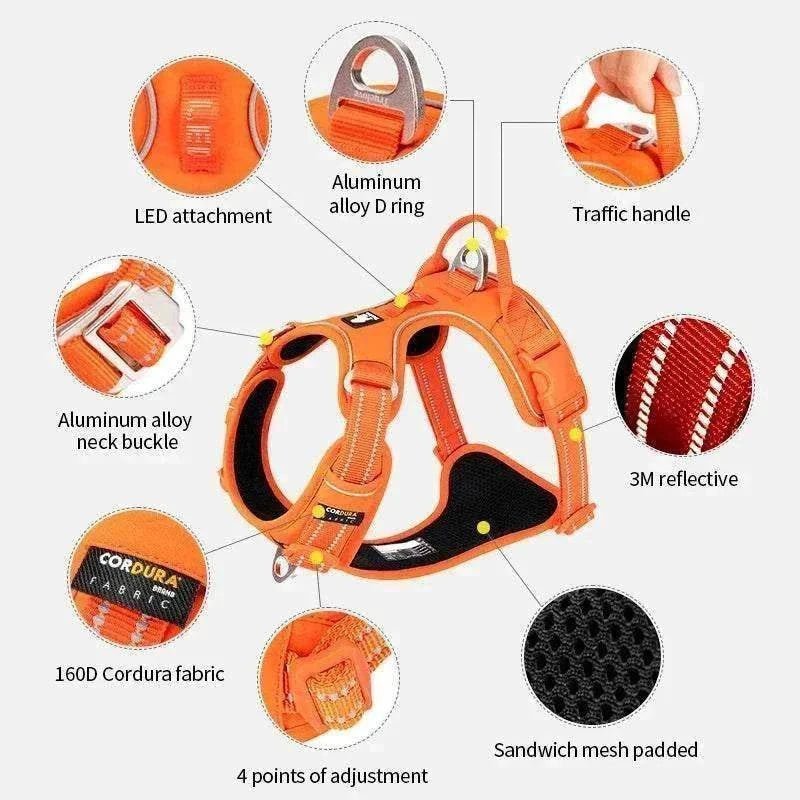 harnais anti-traction pour chien en nylon réfléchissant orange avec poignées de contrôle et ajustements multiples