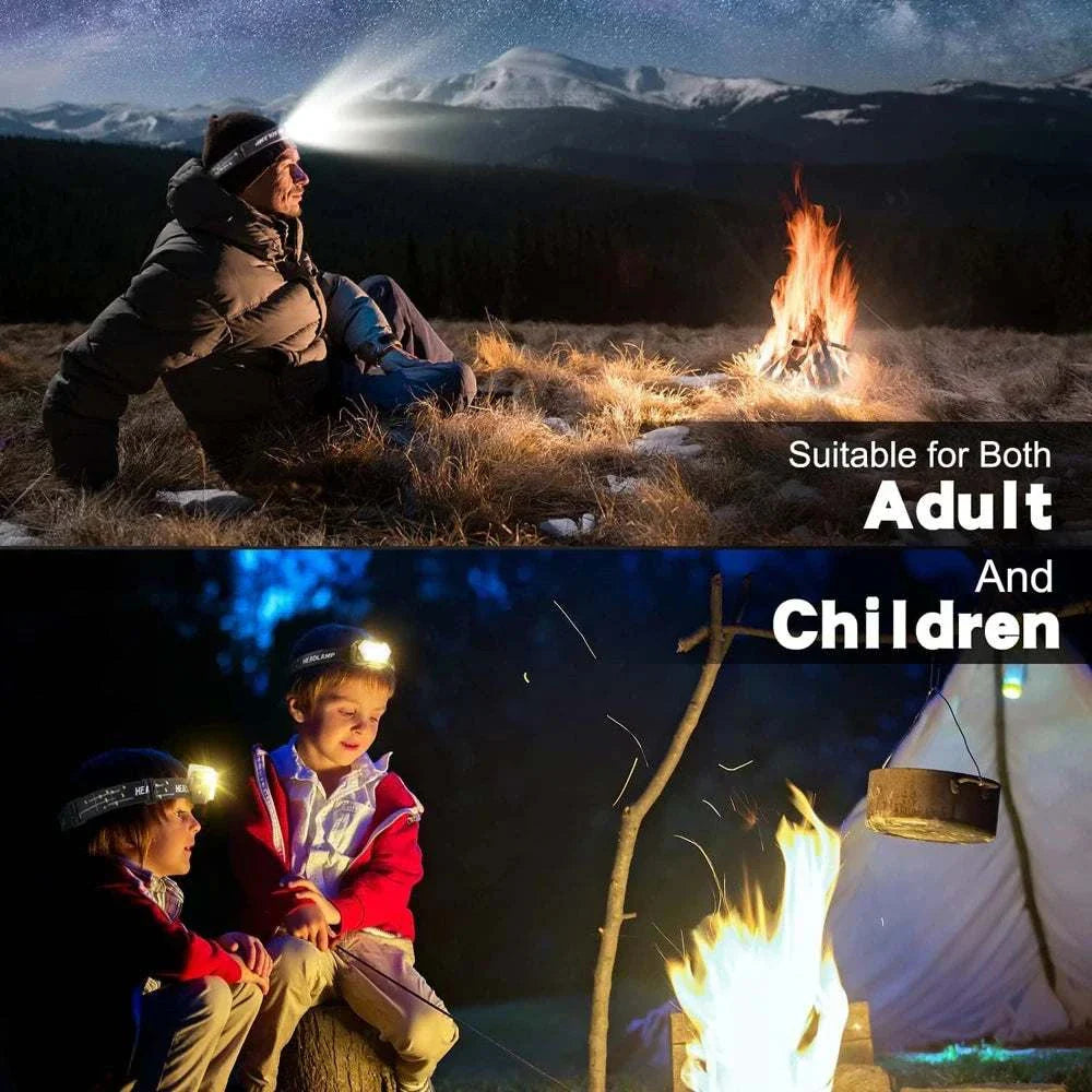 Homme et enfants en extérieur utilisant lampe frontale LED 9 LEDs rechargeable USB pour camping nocturne sécurisé et mains libres