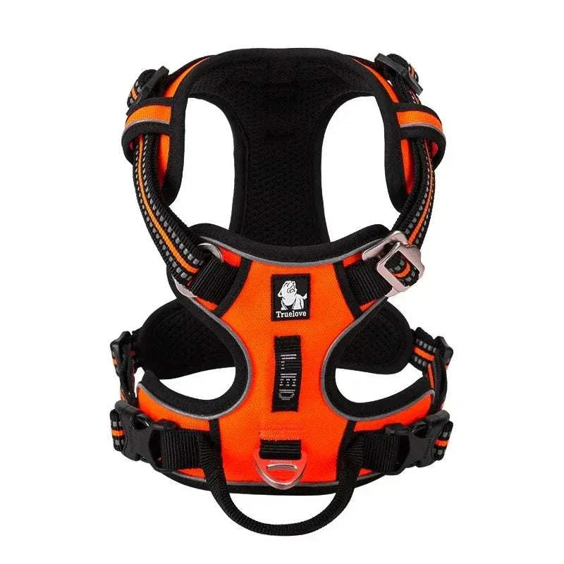 harnais anti-traction pour chien en nylon orange avec bandes réfléchissantes et poignée de contrôle confortable et réglable