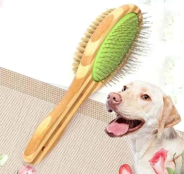 Brosse double face en bambou avec poils de sanglier et picots métalliques pour toilettage naturel de chiens et chats