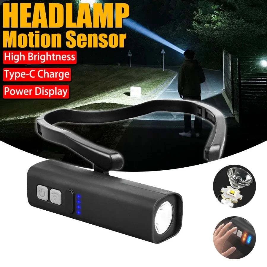 Lampe frontale LED avec capteur de mouvement, haute luminosité, recharge Type-C et afficheur de batterie.