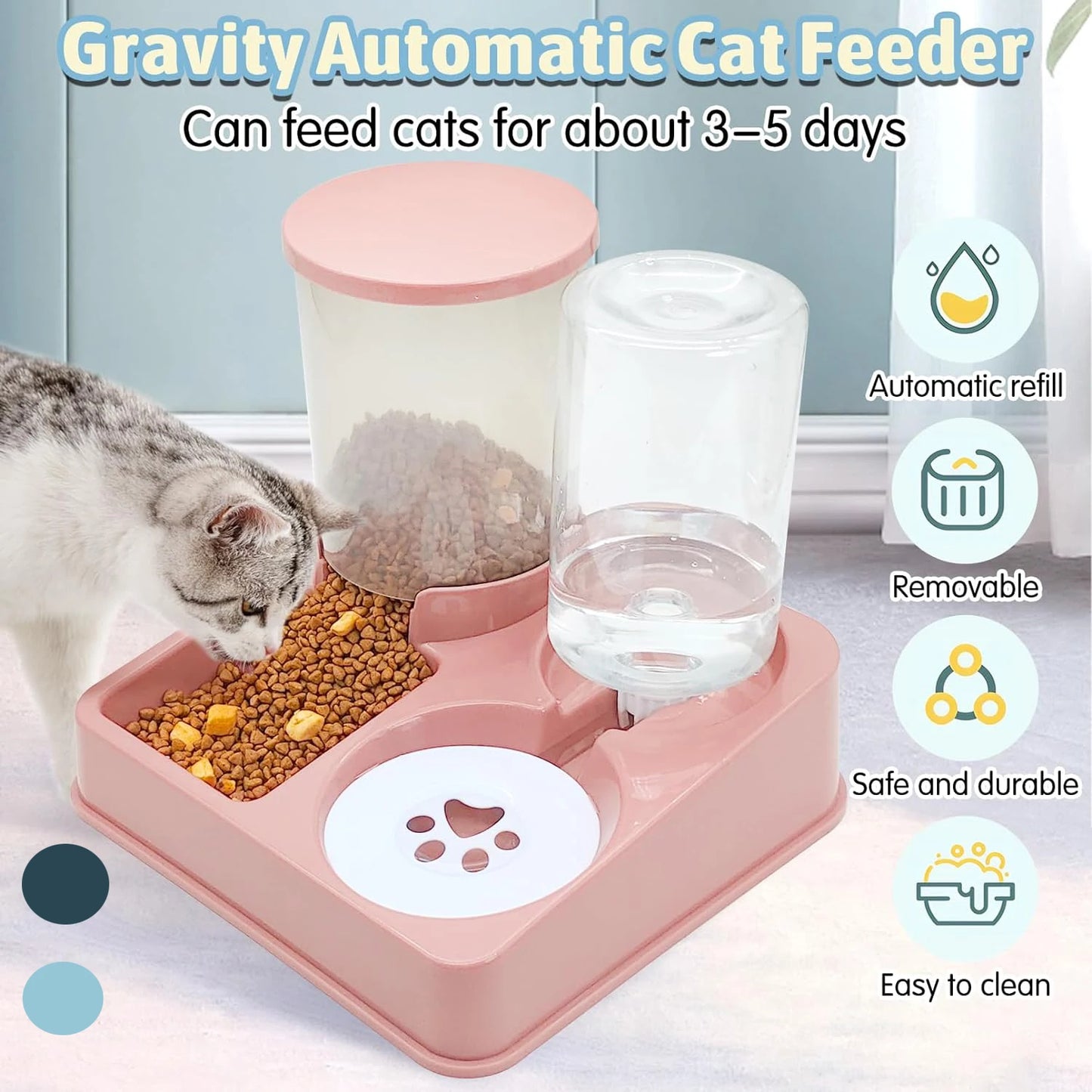 Ensemble Distributeur Automatique pour Chats - 2 en 1 Incliné avec Nourriture et Eau, Alimentation Gravité