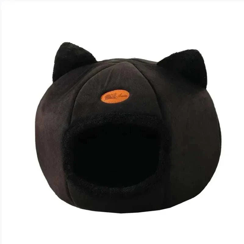 Maison pour chat noire en forme de tête avec oreilles, lit douillet semi-fermé et antidérapant, adapté 4 saisons.