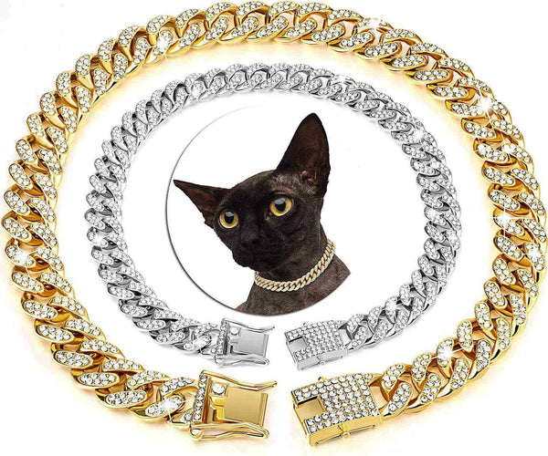 Collier Cubain Doré pour Chat | Bijou de Luxe Strass pour Mariage & Cosplay