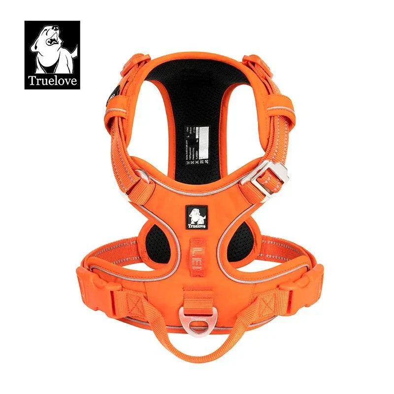 Harnais TRUE LOVE pour chien en nylon réglable, rembourré et réfléchissant avec poignée de contrôle, couleur orange vif.