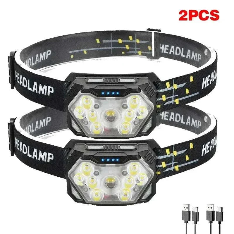 Lampe frontale LED rechargeable USB avec 9 LEDs, capteur de mouvement et bande élastique ajustable, étanche IPX4 pour activités nocturnes.