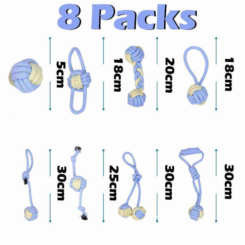 Lot de 8 jouets en corde bleu et beige pour chiens, différents modèles et tailles, durable et robuste pour mâchage et jeu interactif