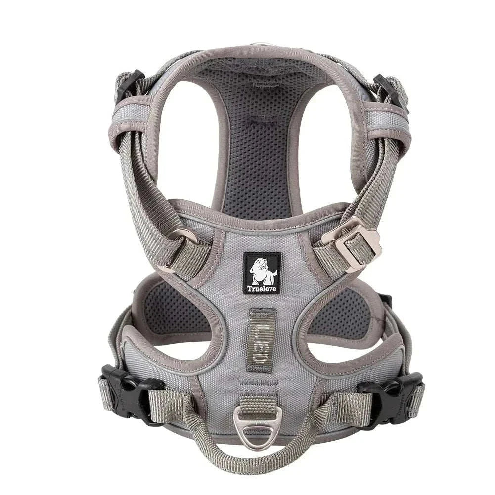 Harnais TRUE LOVE anti-traction pour chien en nylon réfléchissant gris avec poignée de contrôle et boucles ajustables.