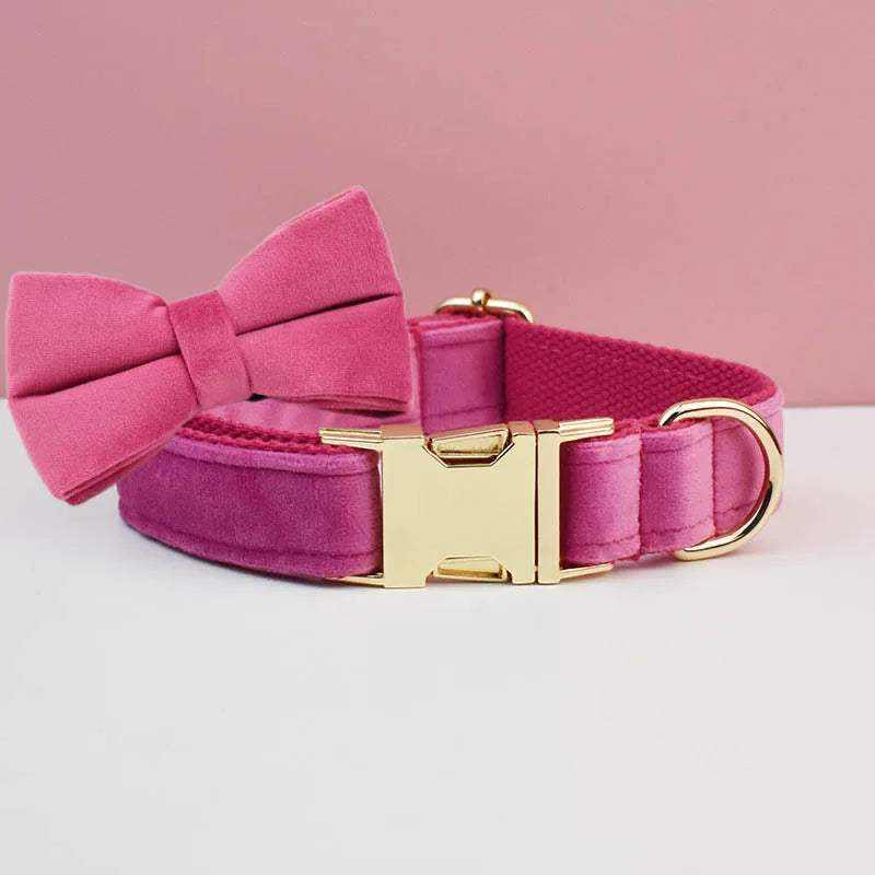 Collier en velours rose pour chien avec nœud papillon et fermeture dorée personnalisable pour chiens moyens et grands