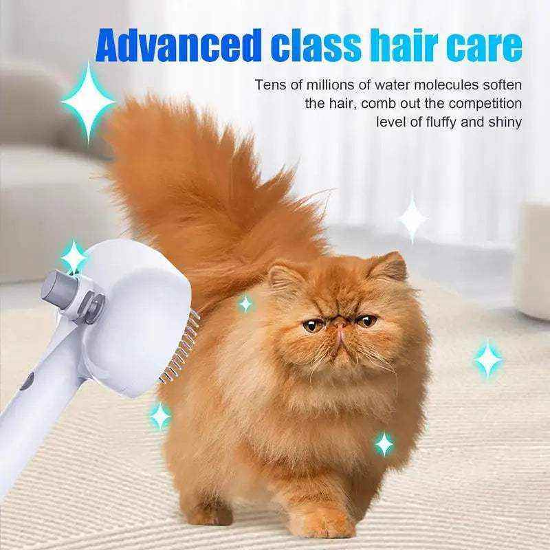 Brosse nettoyante avec spray pour démêler et hydrater le pelage des chats et chiens, design ergonomique blanc.