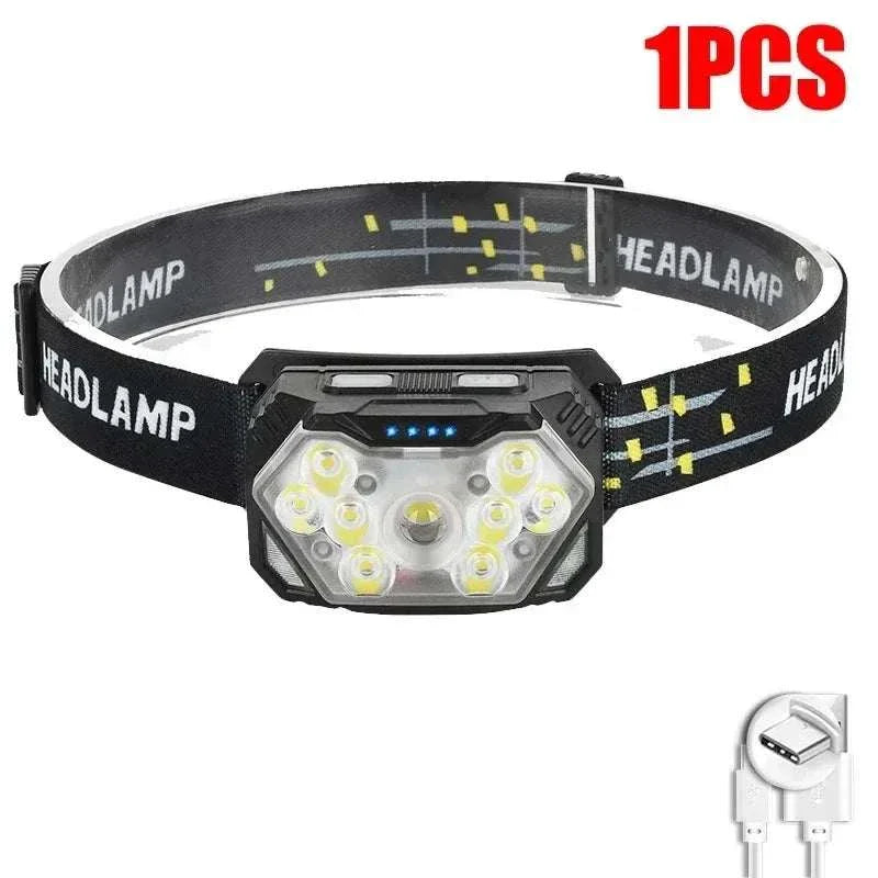 Lampe frontale LED 9 LEDs rechargeable USB avec capteur de mouvement et bande élastique ajustable, étanche IPX4 pour activités nocturnes.