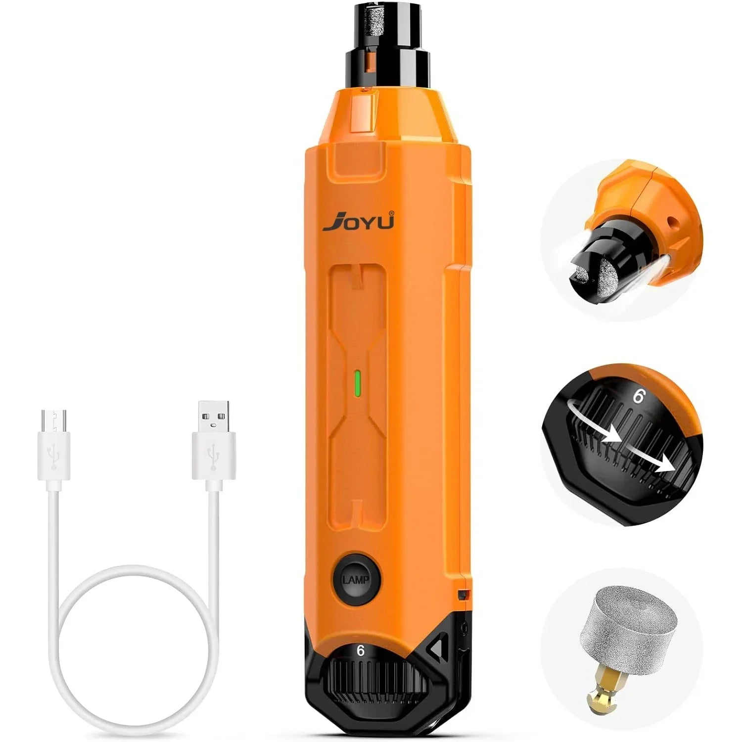 Electric dog nail trimmer with 6 speeds, ultra-silent motor, and USB rechargeable design for painless pet grooming.