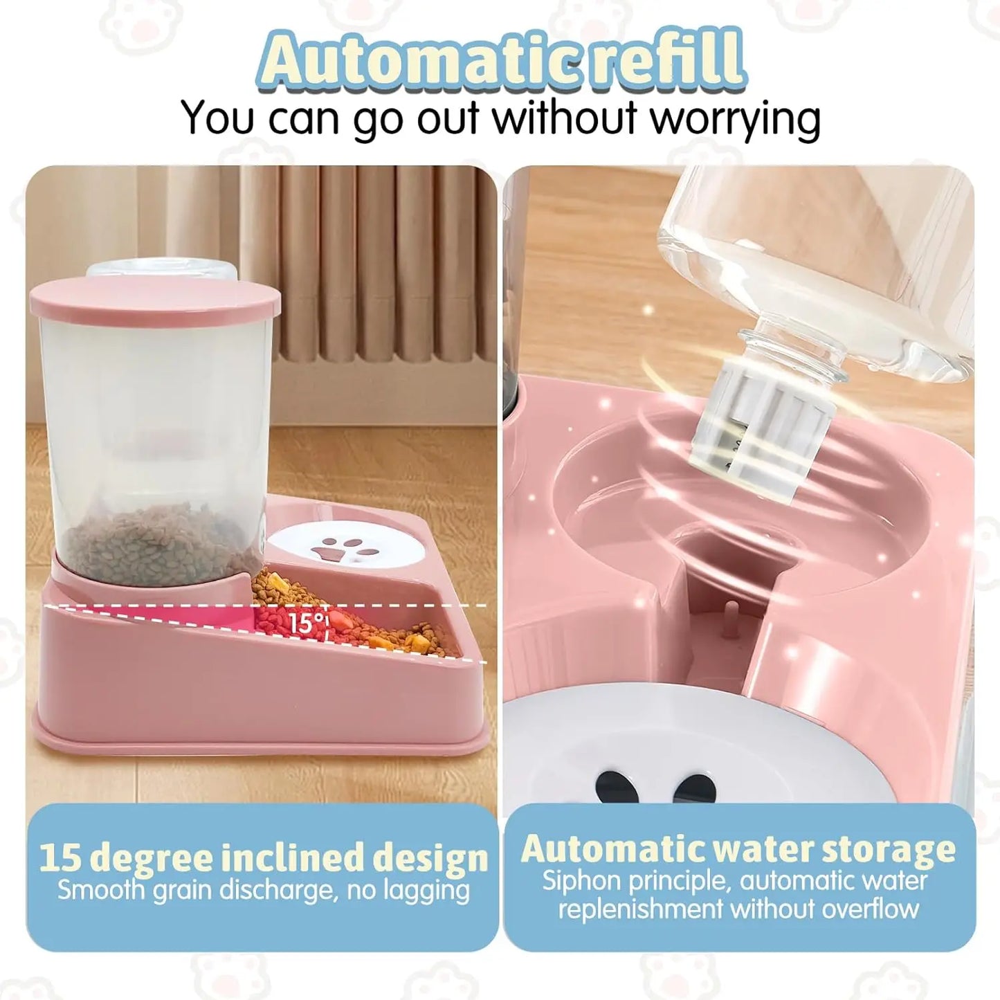 Automatic Cat Feeder Set - 2 in 1 Tilted Cat Food and Water Dispenser, Gravity Feeding 