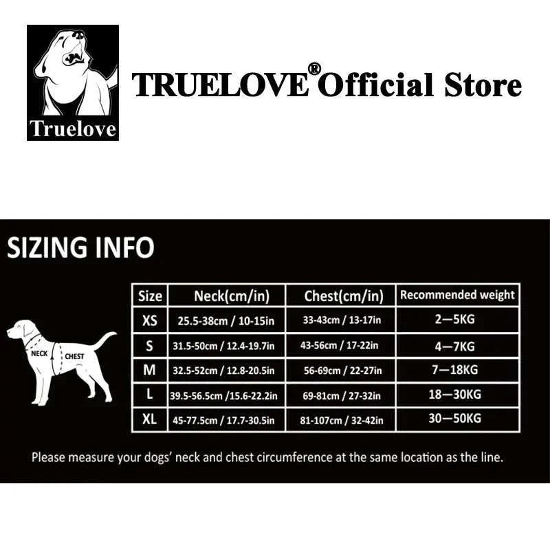 Guide des tailles du harnais anti-traction TRUE LOVE pour chien avec mesures du cou, de la poitrine et poids recommandé en cm et kg.
