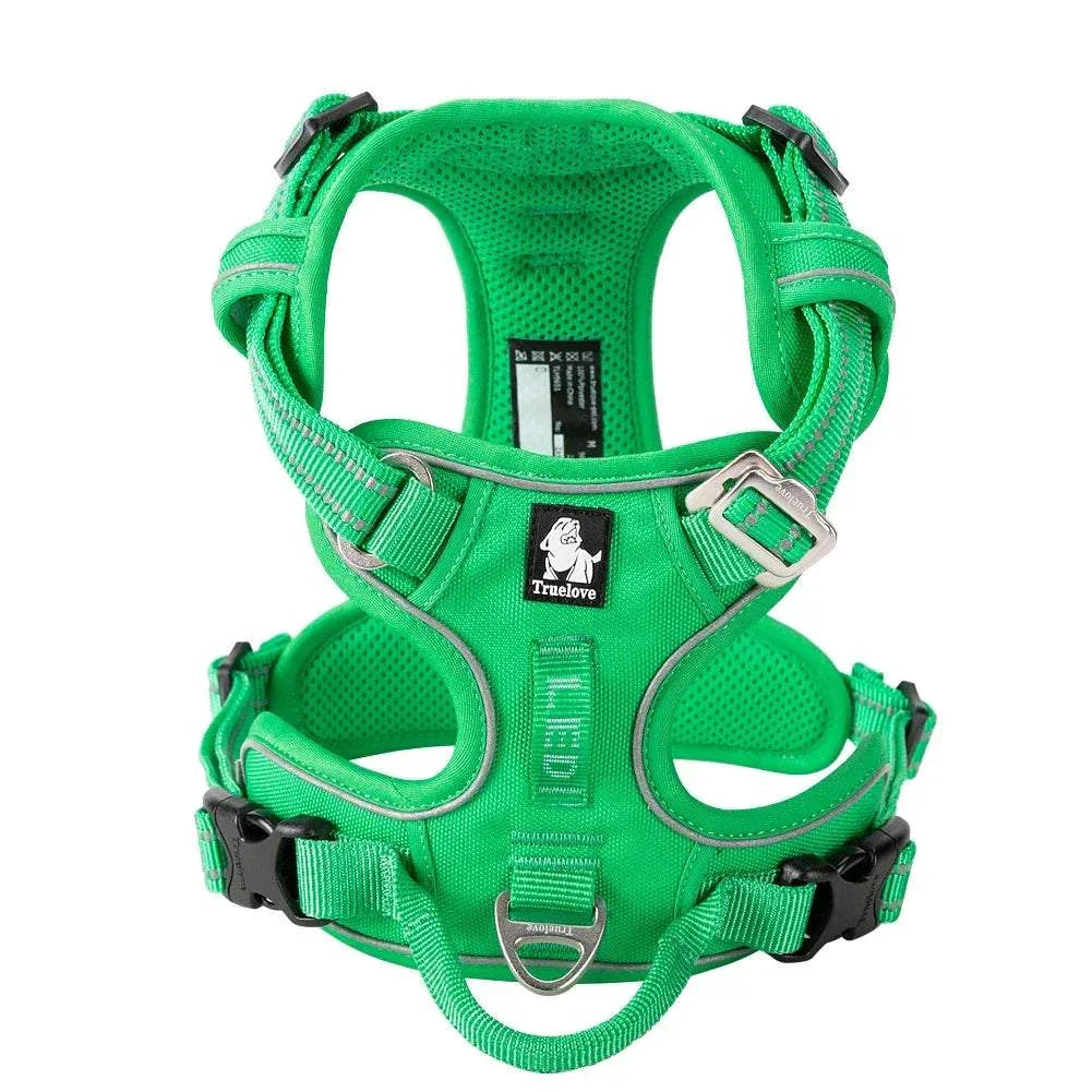 harnais anti-traction vert en nylon réfléchissant pour chien avec poignée de contrôle et boucles réglables