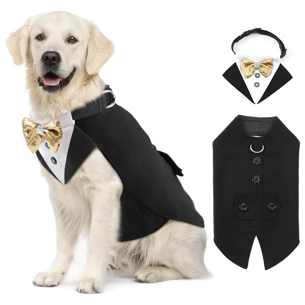 Elegant dog tuxedo with detachable bow tie for large breeds.