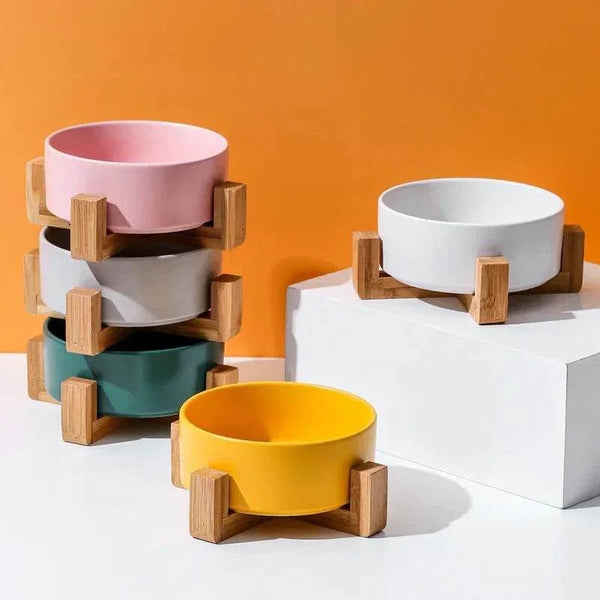 Premium Ceramic Bowls for Dogs and Cats - Non-Slip Wooden Stand