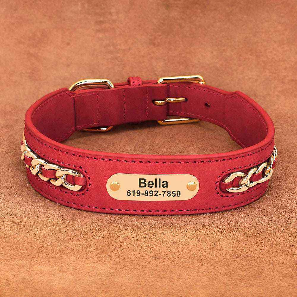 collier en cuir rouge personnalisé pour chien avec plaque d’identification gravée en acier inoxydable, boucle métallique réglable