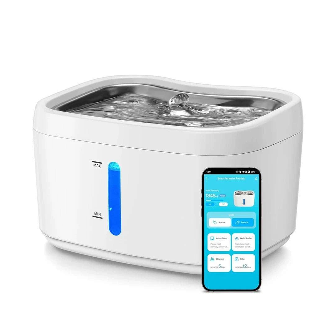 Fontaine à eau connectée 2,5 L en inox pour chats et chiens, design moderne blanc avec plateau en acier inoxydable.