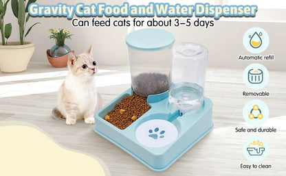 Ensemble Distributeur Automatique pour Chats - 2 en 1 Incliné avec Nourriture et Eau, Alimentation Gravité