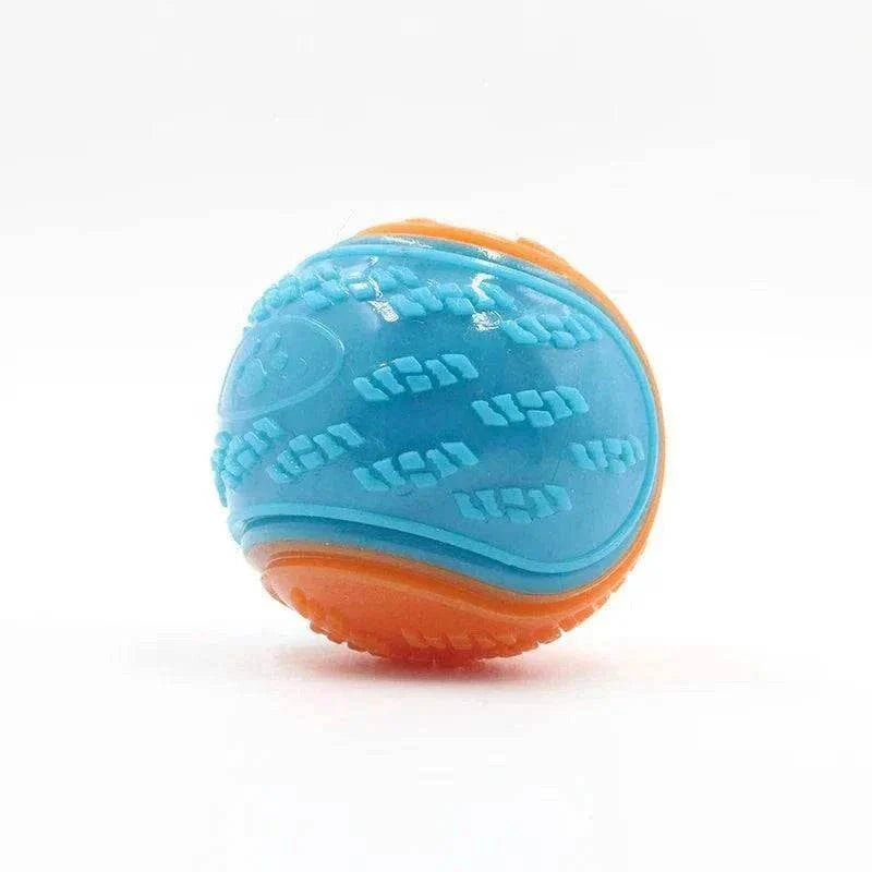 Balle en TPR bleu et orange pour chien, jouet interactif et nettoyant dentaire résistant.
