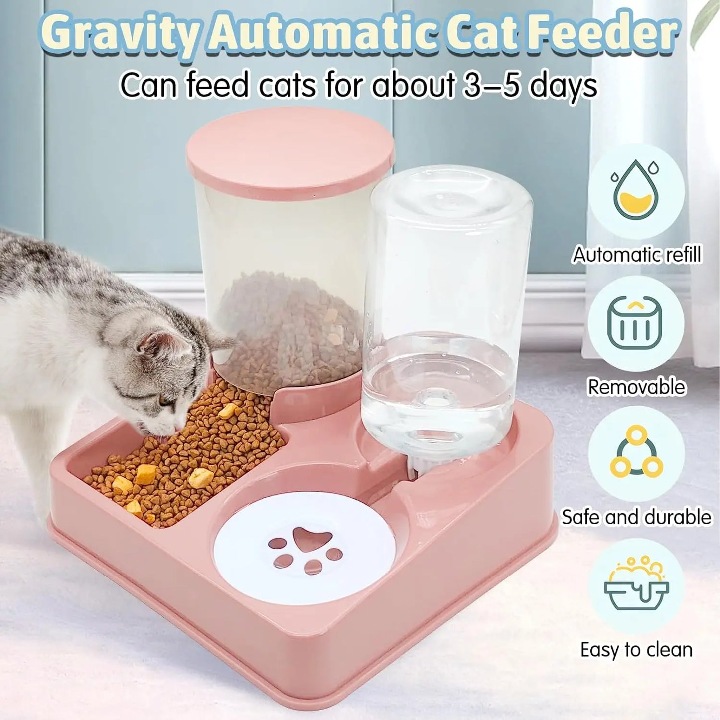 Ensemble Distributeur Automatique pour Chats - 2 en 1 Incliné avec Nourriture et Eau, Alimentation Gravité