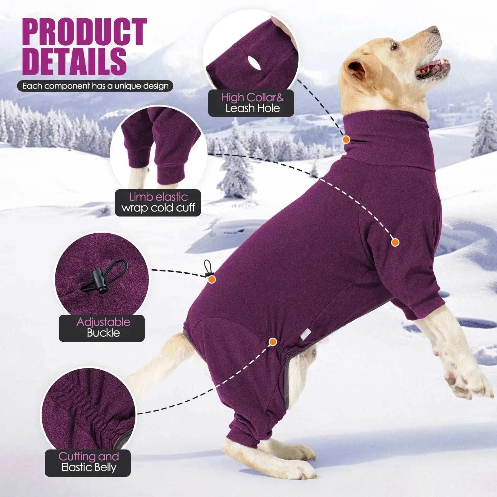 Warm fleece jumpsuit for large dogs | Winter windproof high-neck