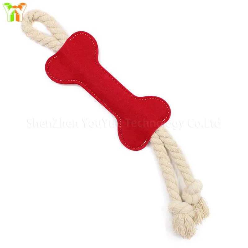 Jouet en feutre pour chien en forme d'os avec corde | Rouge
